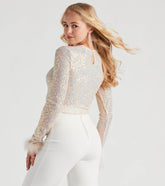 Flawless Glam Sequin Feather Trim Crop Top